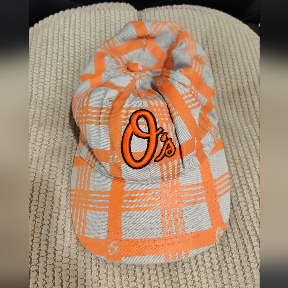MLB Baltimore Oriole Baseball Cap, Orange and Grey Checkered Plaid Hat, OS